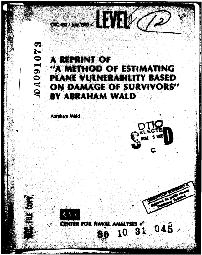 Cover of “A method of estimating plane vulnerability based on damage of survivors” (Wald 1980)